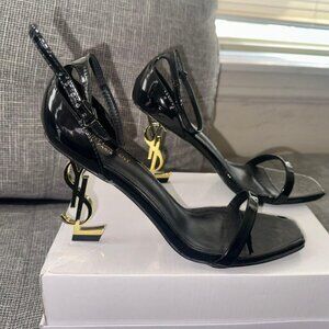 SAINT LAUREN sandals in patent leather with gold tone heel